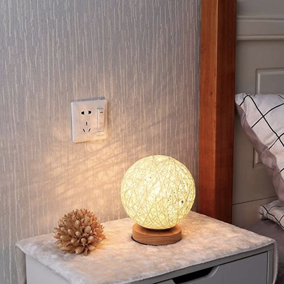 Boho Rattan Ball Round Wood Bedside Lamp Minimal - Picture 4 of 6